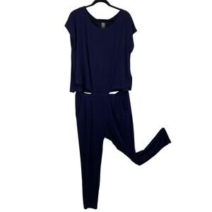 Pure Essence Cap Sleeve Jumpsuit Women size Large Pockets Faux Tuck Navy Blue